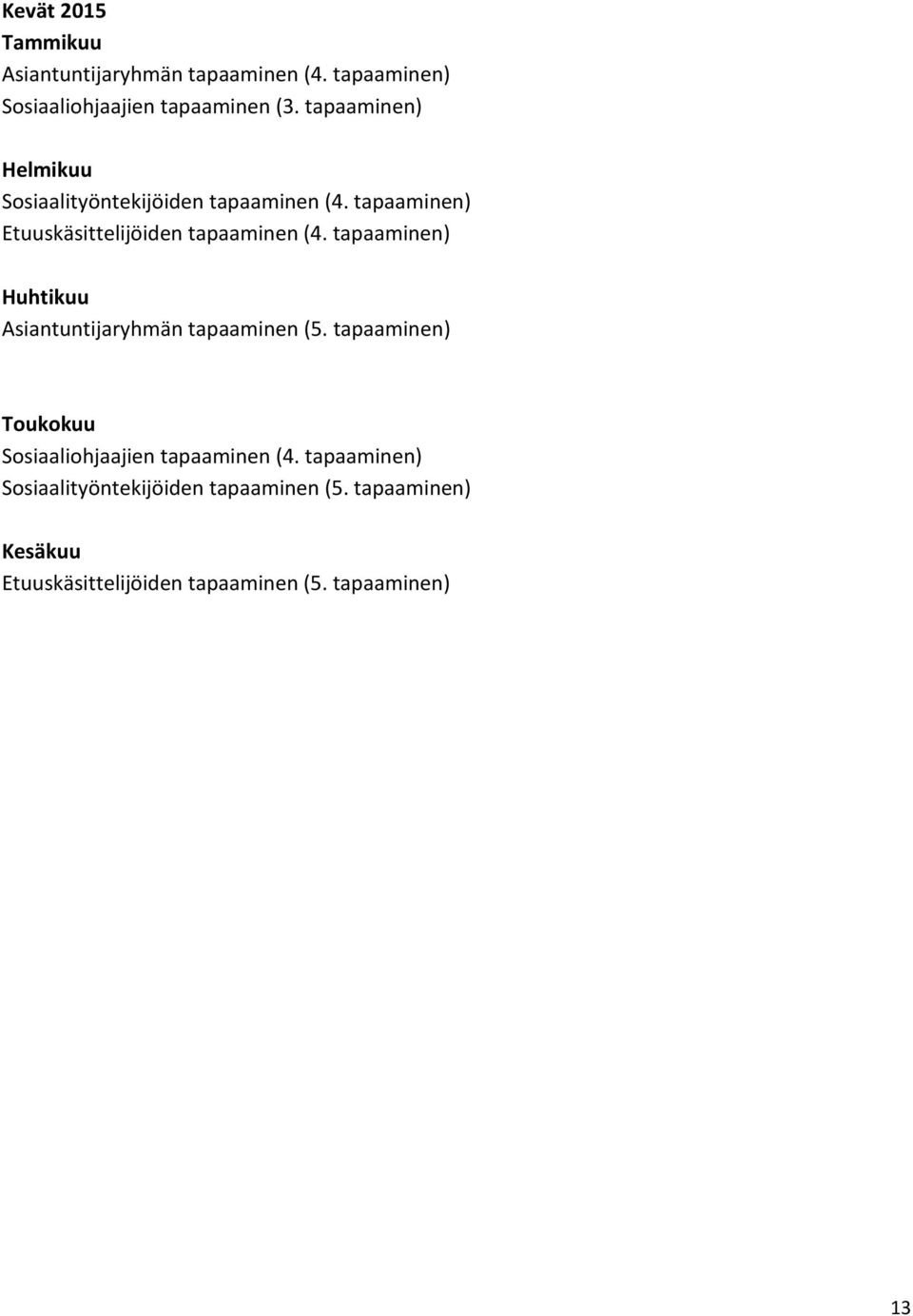 tapaaminen) Huhtikuu Asiantuntijaryhmän tapaaminen (5. tapaaminen) Toukokuu Sosiaaliohjaajien tapaaminen (4.