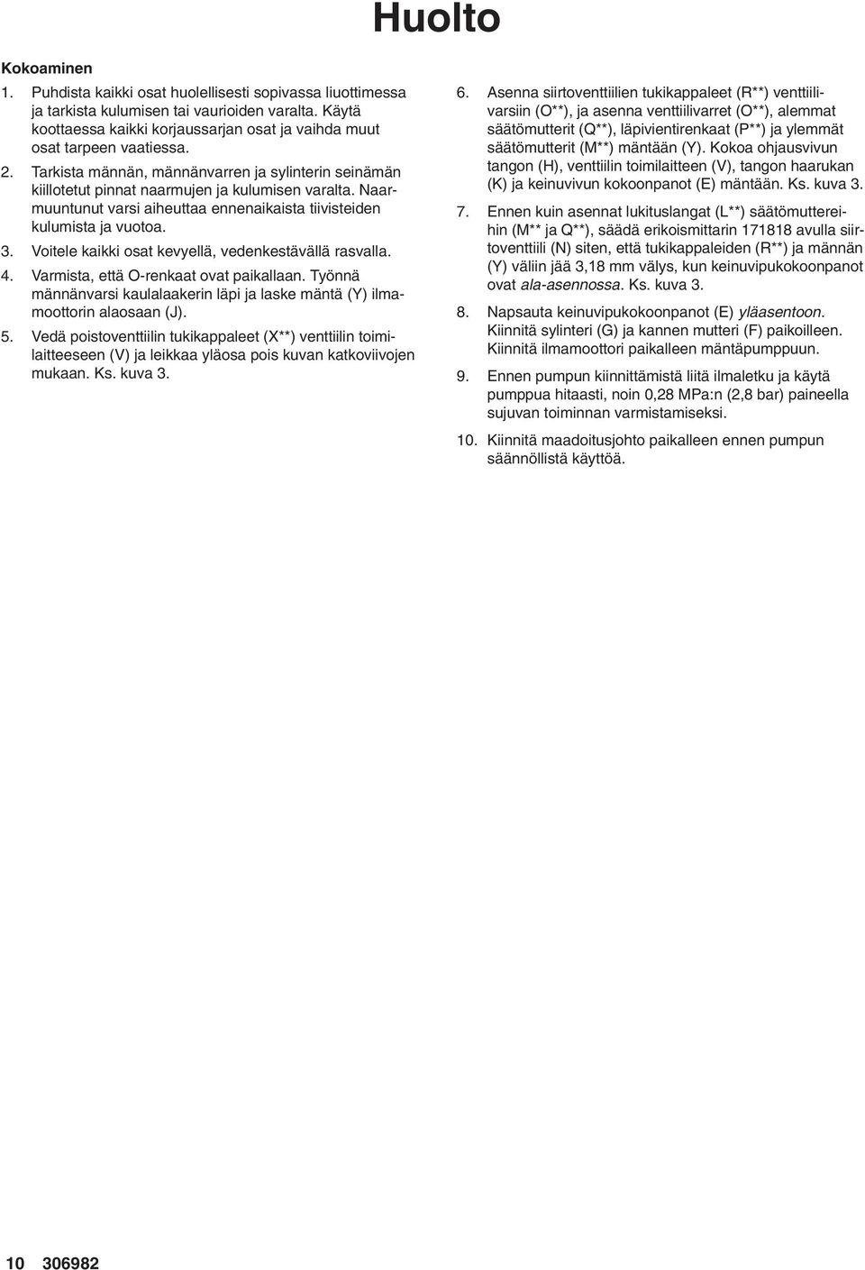 Naarmuuntunut varsi aiheuttaa ennenaikaista tiivisteiden kulumista ja vuotoa. 3. Voitele kaikki osat kevyellä, vedenkestävällä rasvalla. 4. Varmista, että O-renkaat ovat paikallaan.