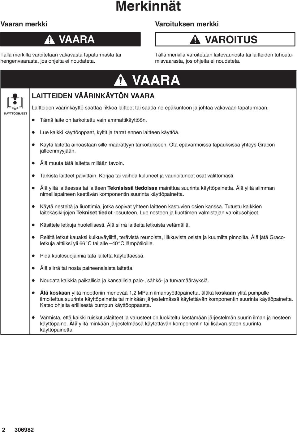 LAITTEIDEN VÄÄRINKÄYTÖN VAARA VAARA KÄYTTÖOHJEET Laitteiden väärinkäyttö saattaa rikkoa laitteet tai saada ne epäkuntoon ja johtaa vakavaan tapaturmaan. Tämä laite on tarkoitettu vain ammattikäyttöön.