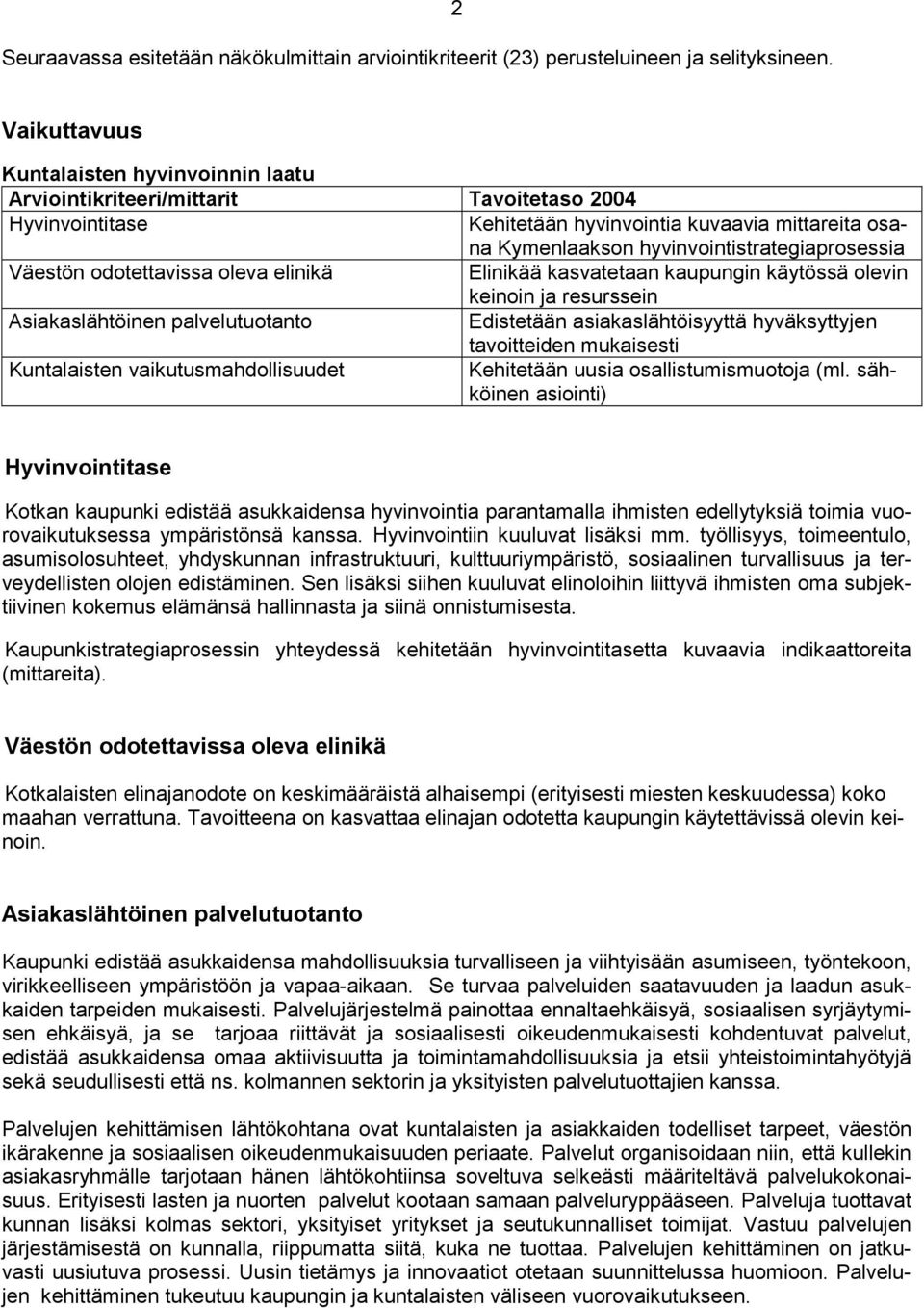 Väestön odotettavissa oleva elinikä Elinikää kasvatetaan kaupungin käytössä olevin keinoin ja resurssein Asiakaslähtöinen palvelutuotanto Edistetään asiakaslähtöisyyttä hyväksyttyjen tavoitteiden