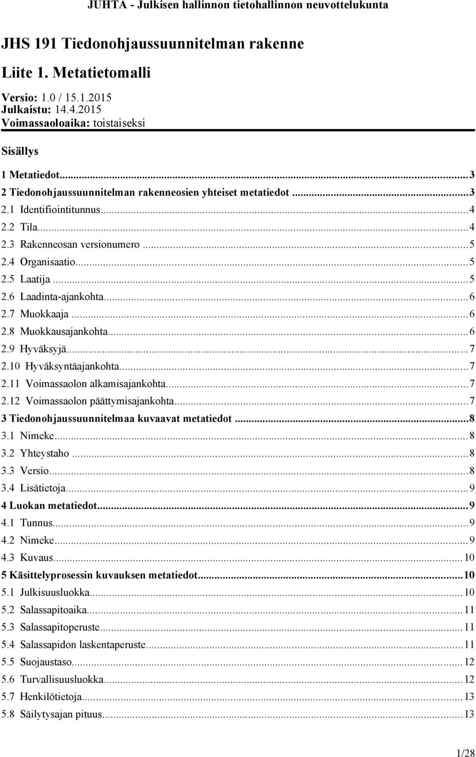 ..6 2.7 Muokkaaja...6 2.8 Muokkausajankohta...6 2.9 Hyväksyjä...7 2.10 Hyväksyntäajankohta...7 2.11 Voimassaolon alkamisajankohta...7 2.12 Voimassaolon päättymisajankohta.