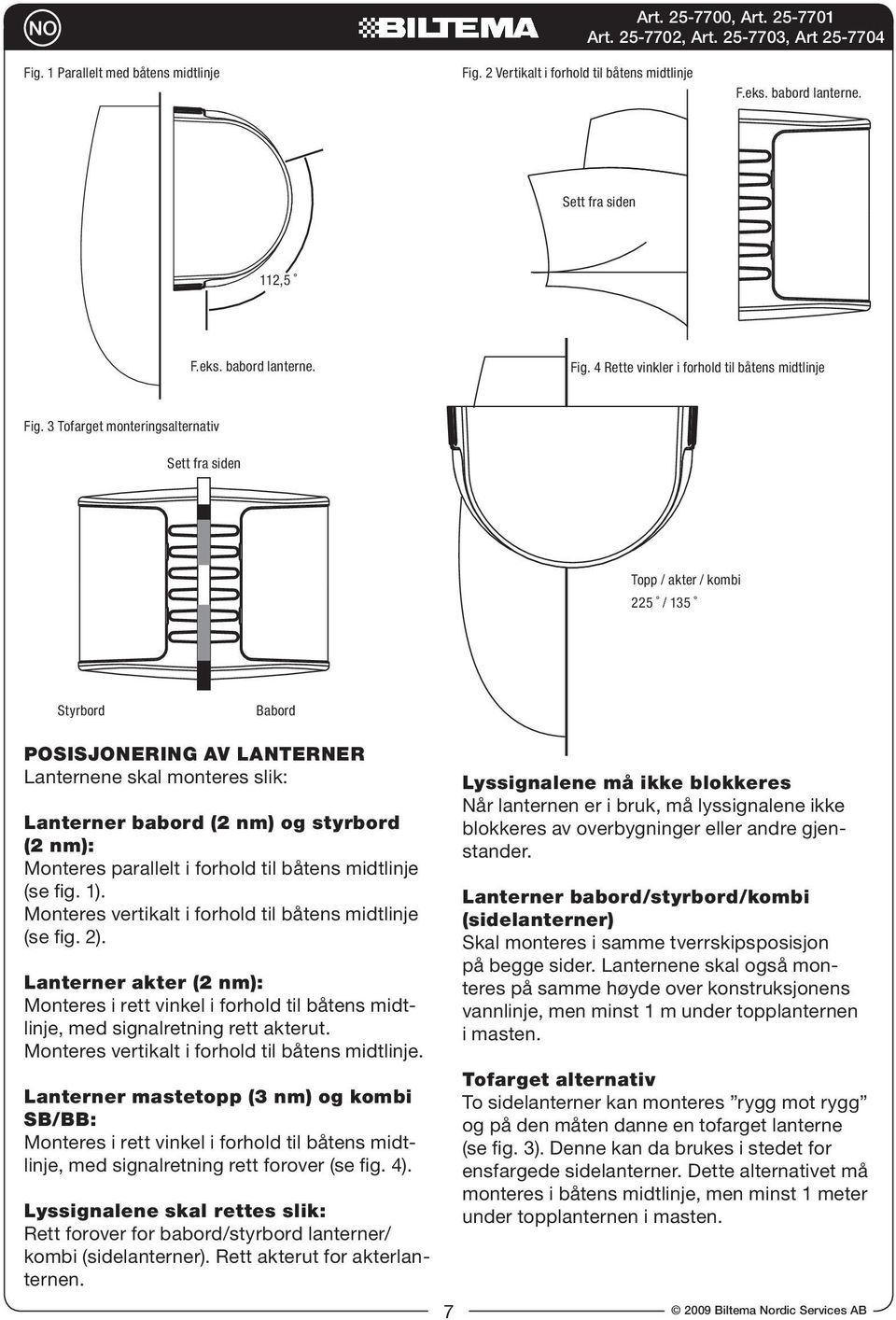 Monteres parallelt i forhold til båtens midtlinje (se fig. 1). Monteres vertikalt i forhold til båtens midtlinje (se fig. 2).