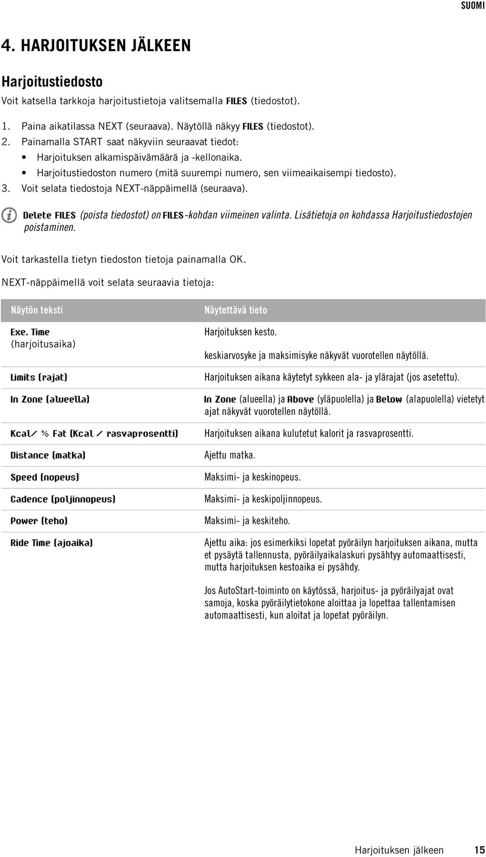 Voit selata tiedostoja NEXT-näppäimellä (seuraava). Delete FILES (poista tiedostot) on FILES-kohdan viimeinen valinta. Lisätietoja on kohdassa Harjoitustiedostojen poistaminen.