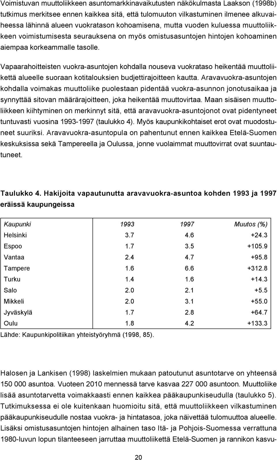 Vapaarahoitteisten vuokra-asuntojen kohdalla nouseva vuokrataso heikentää muuttoliikettä alueelle suoraan kotitalouksien budjettirajoitteen kautta.