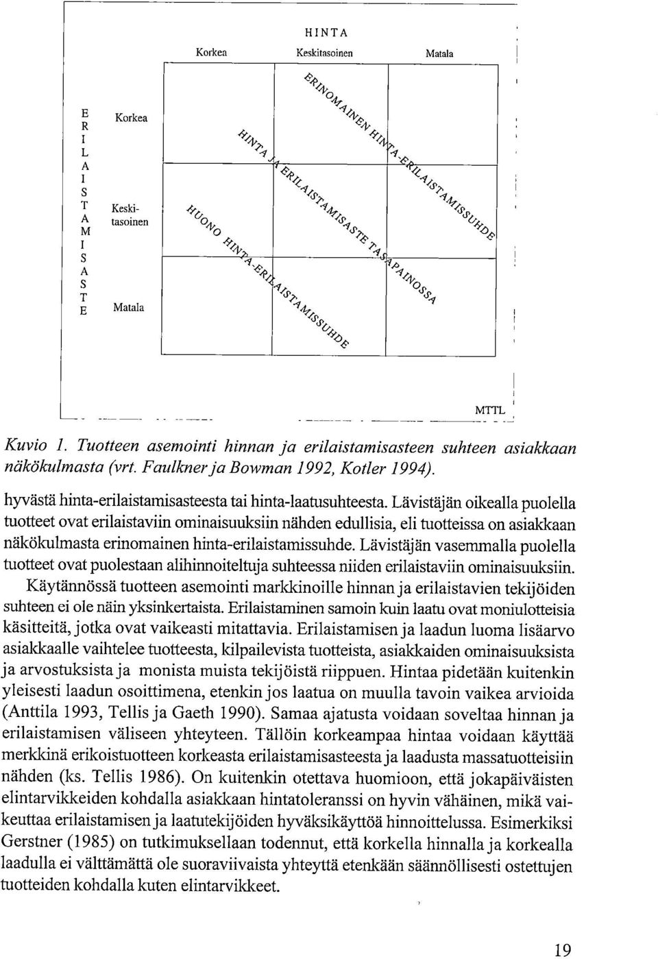 Lävistäjän oikealla puolella tuotteet ovat erilaistaviin ominaisuuksiin nähden edullisia, eli tuotteissa on asiakkaan näkökulmasta erinomainen hinta-erilaistamissuhde.