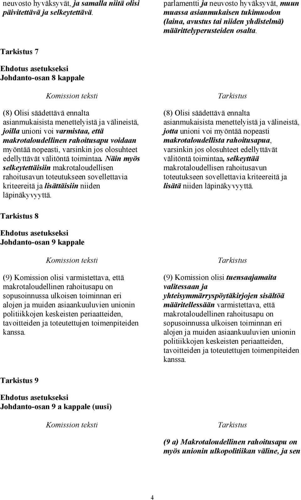 7 Johdanto-osan 8 kappale (8) Olisi säädettävä ennalta asianmukaisista menettelyistä ja välineistä, joilla unioni voi varmistaa, että makrotaloudellinen rahoitusapu voidaan myöntää nopeasti,