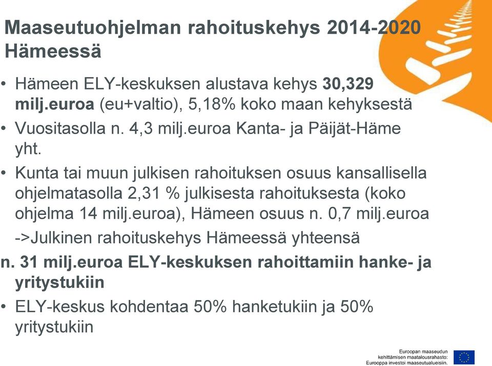 Kunta tai muun julkisen rahoituksen osuus kansallisella ohjelmatasolla 2,31 % julkisesta rahoituksesta (koko ohjelma 14 milj.