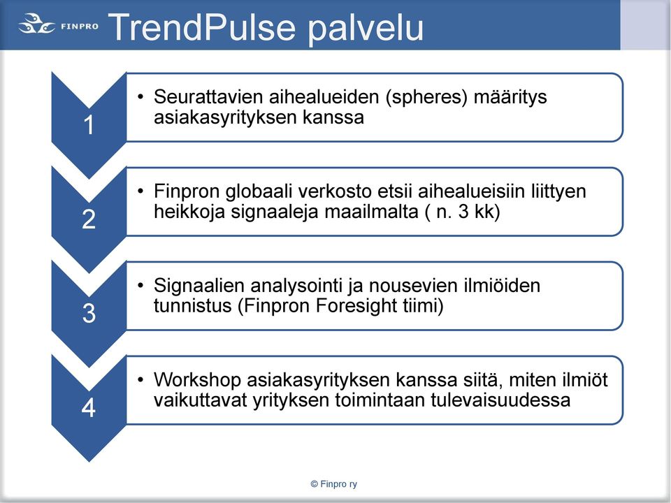 ( n. 3 kk) Signaalien analysointi ja nousevien ilmiöiden tunnistus (Finpron Foresight tiimi)