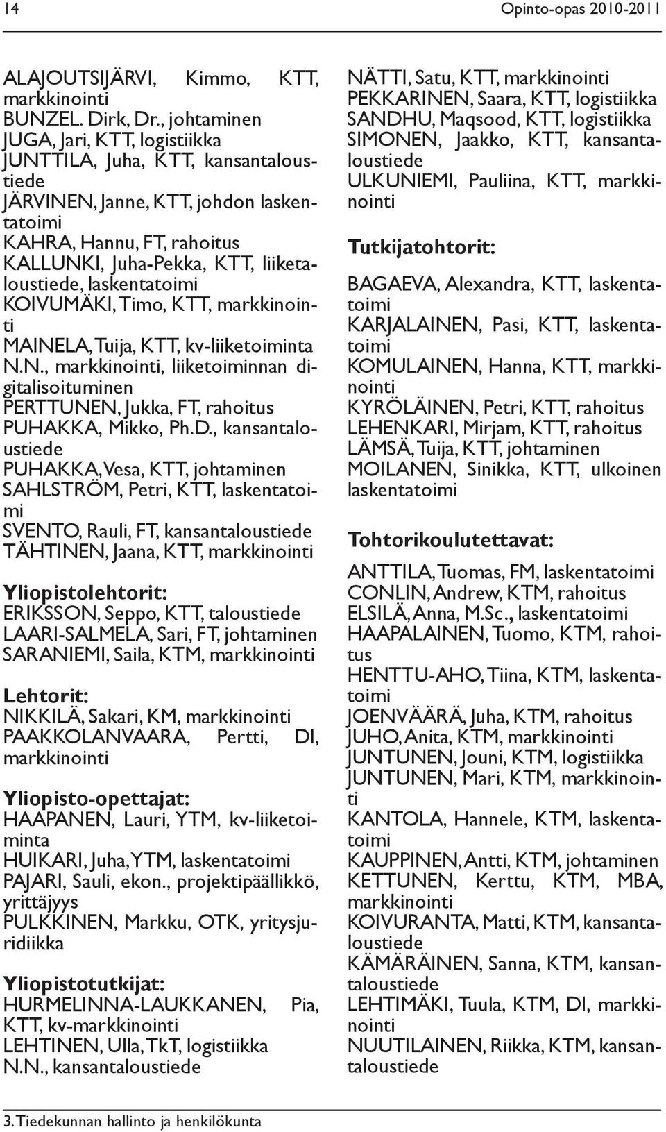 laskentatoimi KOIVUMÄKI, Timo, KTT, markkinointi MAINELA, Tuija, KTT, kv-liiketoiminta N.N., markkinointi, liiketoiminnan digitalisoituminen PERTTUNEN, Jukka, FT, rahoitus PUHAKKA, Mikko, Ph.D.