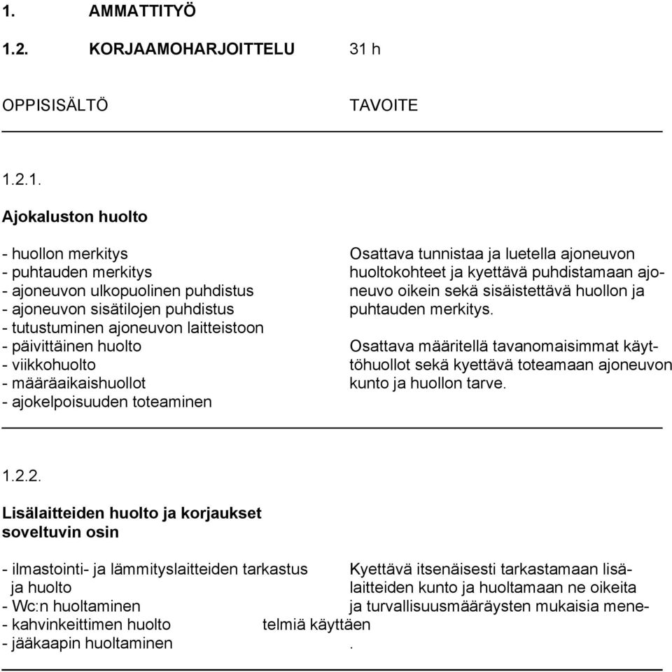 - tutustuminen ajoneuvon laitteistoon - päivittäinen huolto Osattava määritellä tavanomaisimmat käyt- - viikkohuolto töhuollot sekä kyettävä toteamaan ajoneuvon - määräaikaishuollot kunto ja huollon