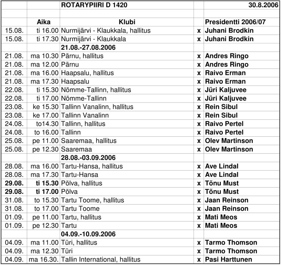 30 Nömme-Tallinn, hallitus x Jüri Kaljuvee 22.08. ti 17.00 Nömme-Tallinn x Jüri Kaljuvee 23.08. ke 15.30 Tallinn Vanalinn, hallitus x Rein Sibul 23.08. ke 17.00 Tallinn Vanalinn x Rein Sibul 24.08. to14.