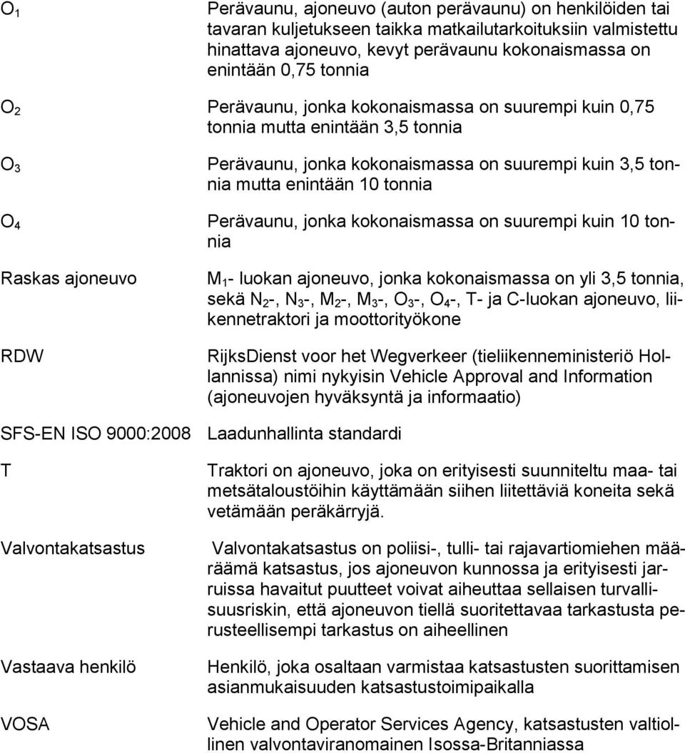 Perävaunu, jonka kokonaismassa on suurempi kuin 10 tonnia M 1 - luokan ajoneuvo, jonka kokonaismassa on yli 3,5 tonnia, sekä N 2 -, N 3 -, M 2 -, M 3 -, O 3 -, O 4 -, T- ja C-luokan ajoneuvo,