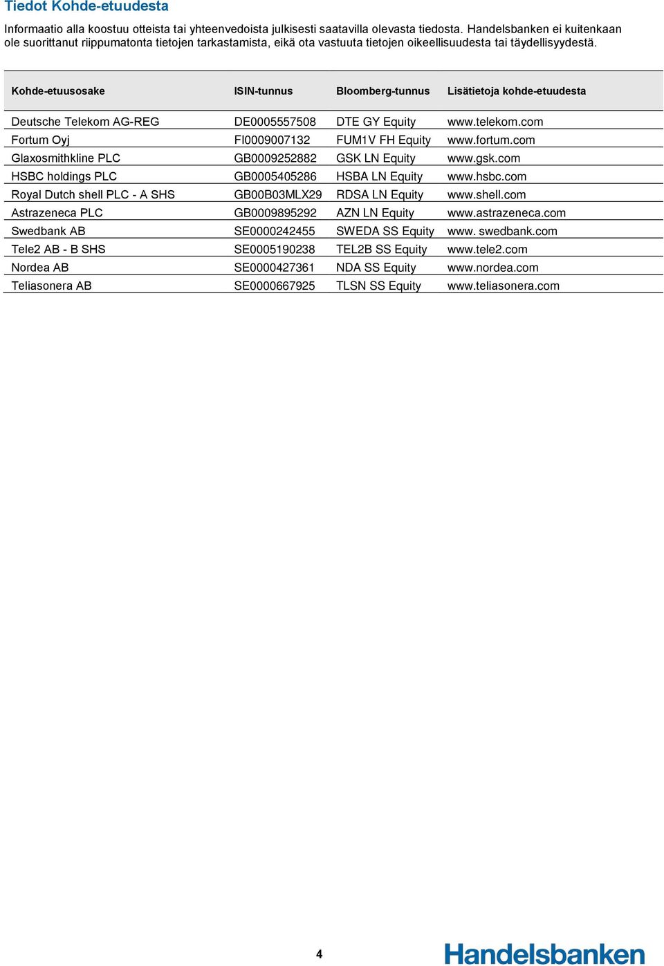 Kohde-etuusosake ISIN-tunnus Bloomberg-tunnus Lisätietoja kohde-etuudesta Deutsche Telekom AG-REG DE0005557508 DTE GY Equity www.telekom.com Fortum Oyj FI0009007132 FUM1V FH Equity www.fortum.