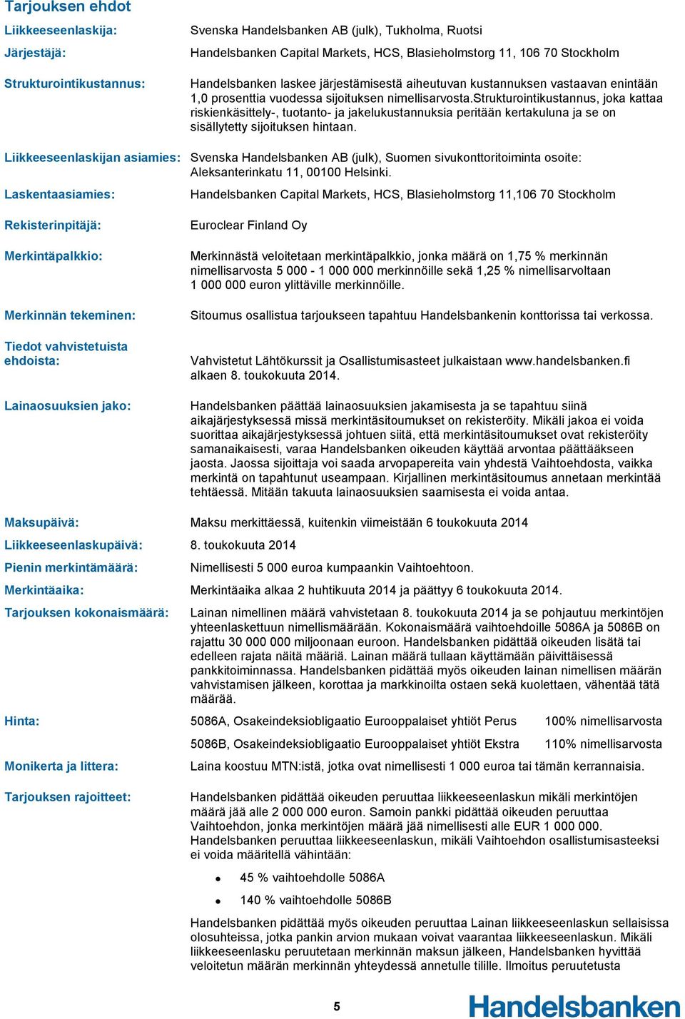 strukturointikustannus, joka kattaa riskienkäsittely-, tuotanto- ja jakelukustannuksia peritään kertakuluna ja se on sisällytetty sijoituksen hintaan.