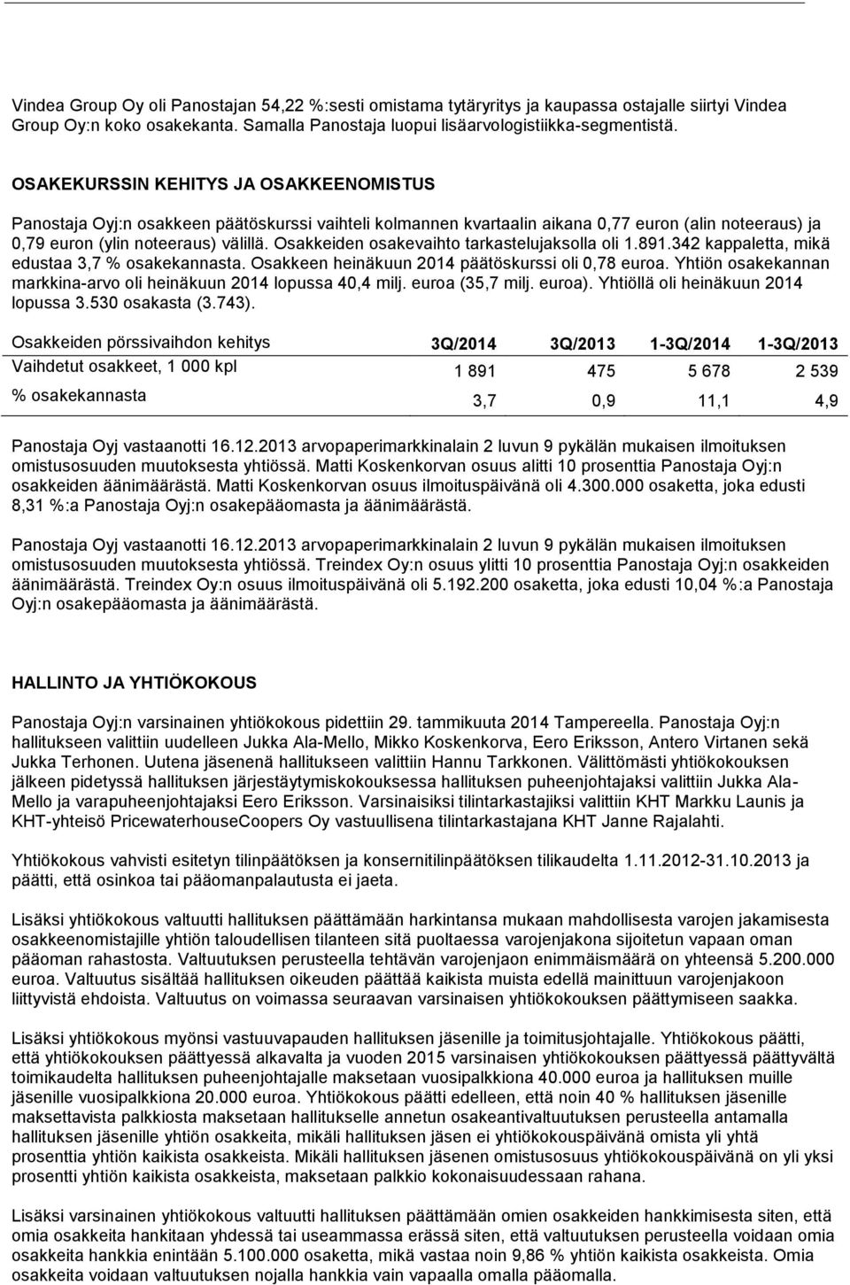 Osakkeiden osakevaihto tarkastelujaksolla oli 1.891.342 kappaletta, mikä edustaa 3,7 % osakekannasta. Osakkeen heinäkuun 2014 päätöskurssi oli 0,78 euroa.