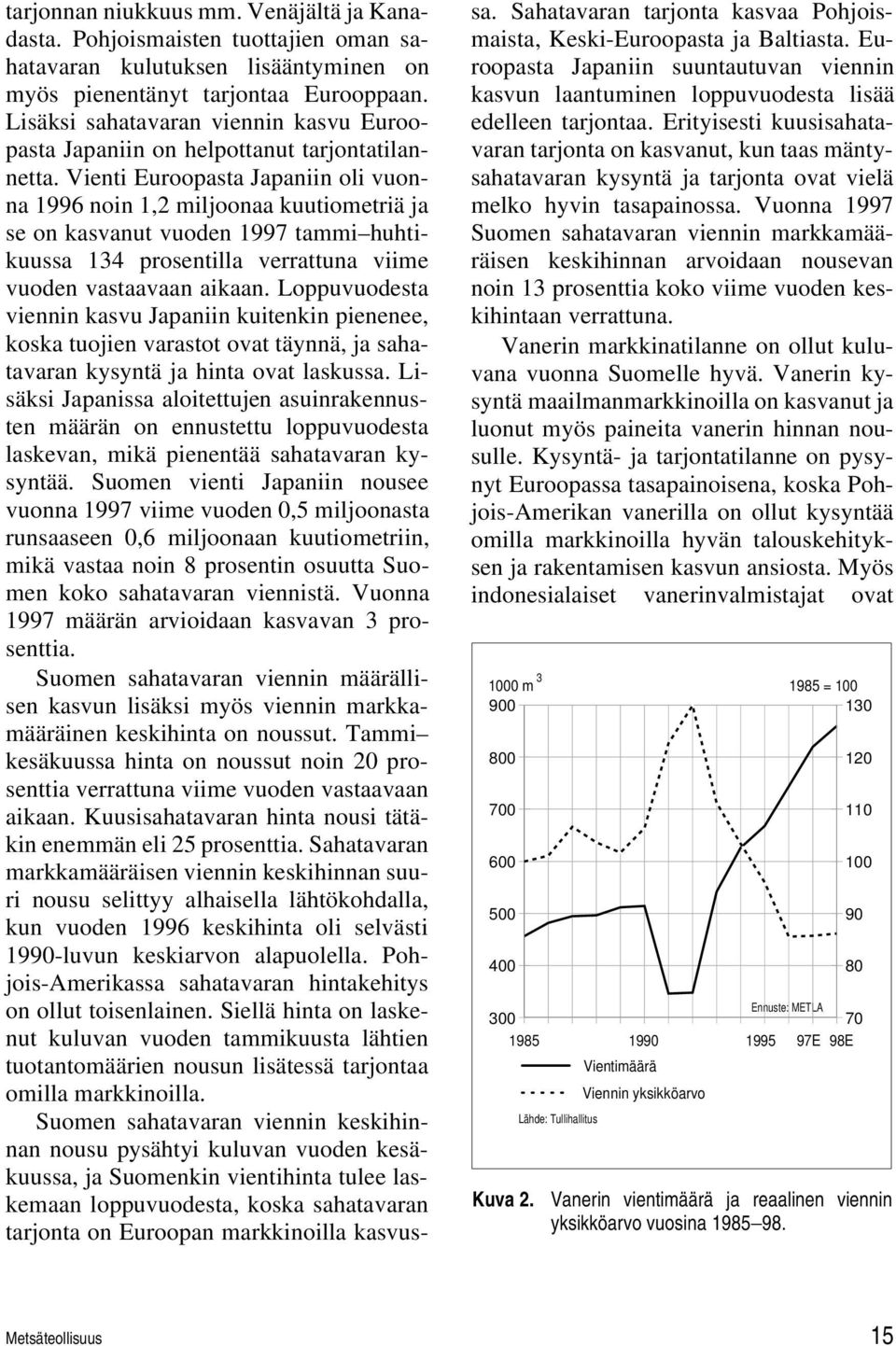 Vienti Euroopasta Japaniin oli vuonna 1996 noin 1,2 miljoonaa kuutiometriä ja se on kasvanut vuoden 1997 tammi huhtikuussa 134 prosentilla verrattuna viime vuoden vastaavaan aikaan.