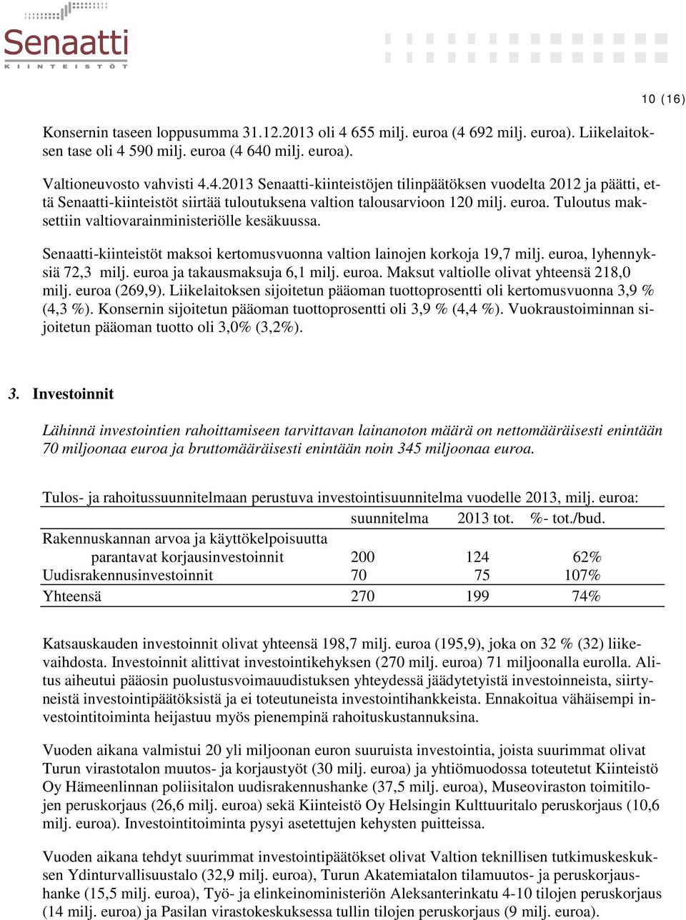 euroa ja takausmaksuja 6,1 milj. euroa. Maksut valtiolle olivat yhteensä 218,0 milj. euroa (269,9). Liikelaitoksen sijoitetun pääoman tuottoprosentti oli kertomusvuonna 3,9 % (4,3 %).