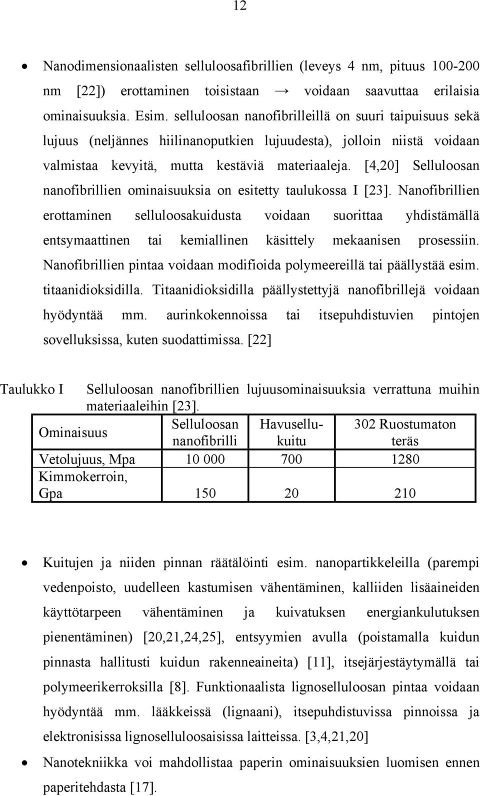 [4,20] Selluloosan nanofibrillien ominaisuuksia on esitetty taulukossa I [23].