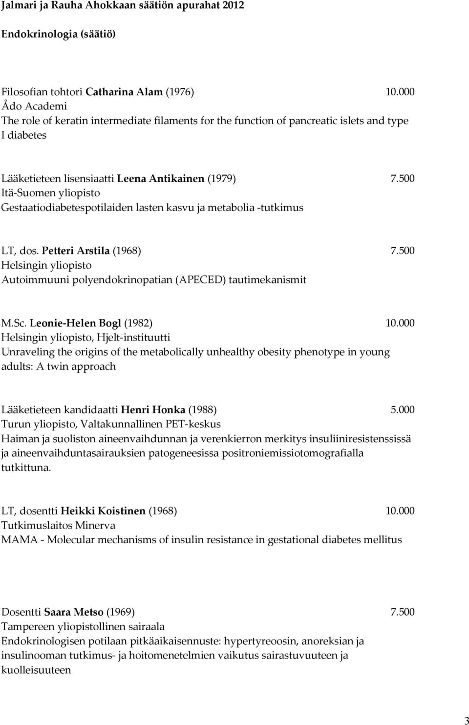 500 Itä-Suomen yliopisto Gestaatiodiabetespotilaiden lasten kasvu ja metabolia -tutkimus LT, dos. Petteri Arstila (1968) 7.500 Autoimmuuni polyendokrinopatian (APECED) tautimekanismit M.Sc.