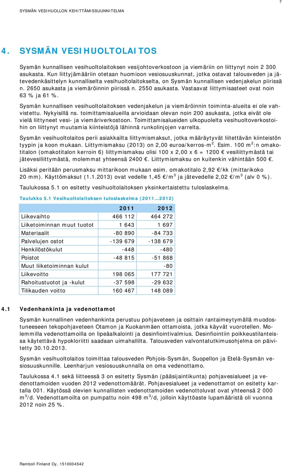 2650 asukasta ja viemäröinnin piirissä n. 2550 asukasta. Vastaavat liittymisasteet ovat noin 63 % ja 61 %.