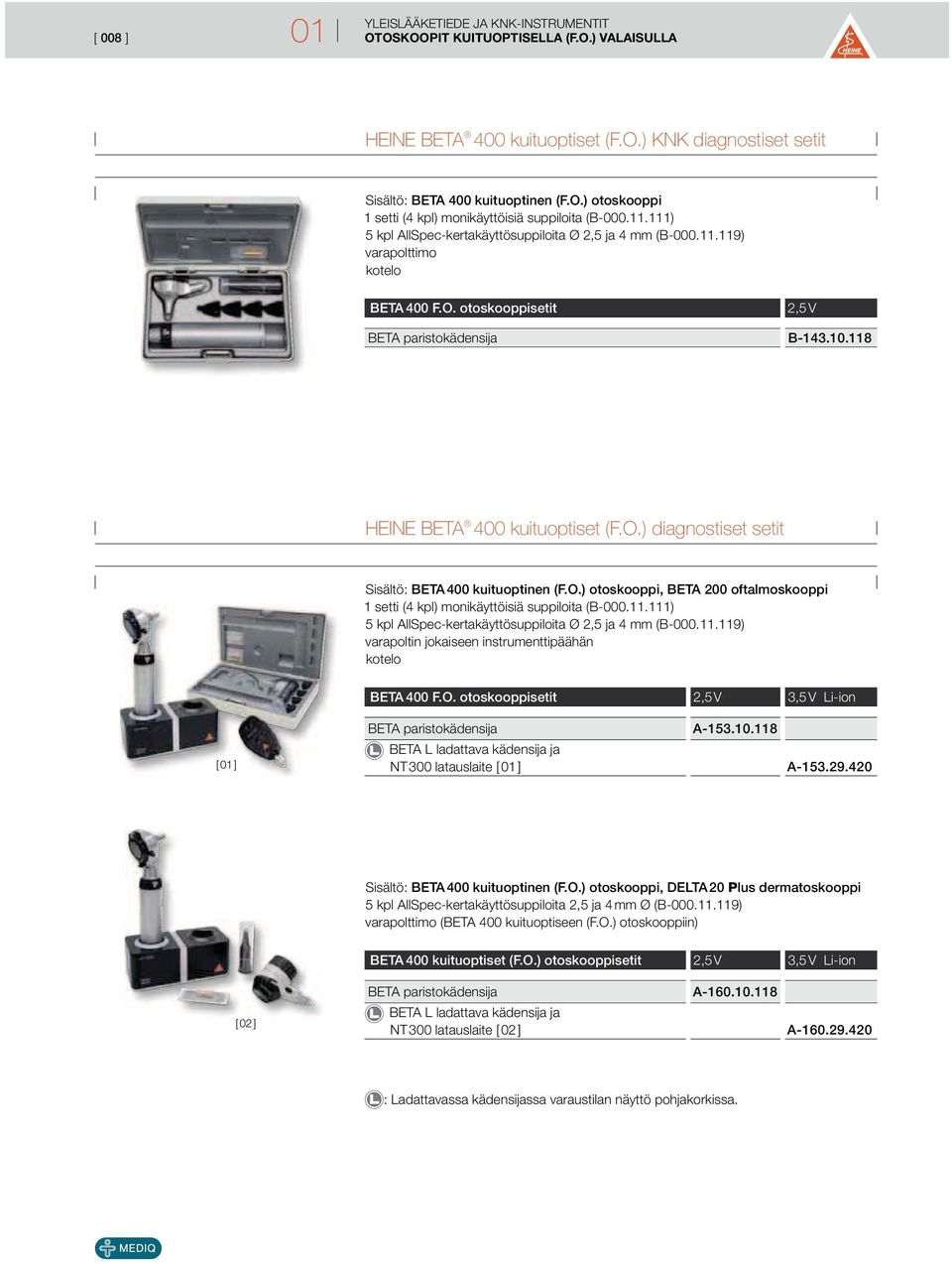 O.) otoskooppi, BETA 200 oftalmoskooppi 1 setti (4 kpl) monikäyttöisiä suppiloita (B-000.11.111) 5 kpl AllSpec-kertakäyttösuppiloita Ø 2,5 ja 4 mm (B-000.11.119) varapoltin jokaiseen instrumenttipäähän BETA 400 F.