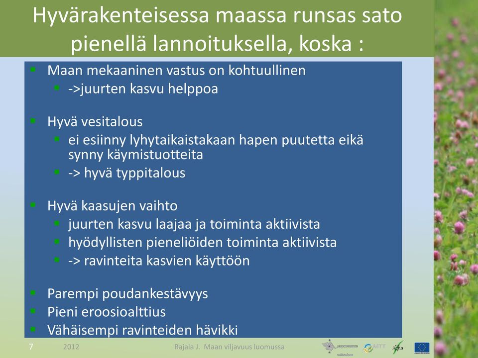 kaasujen vaihto juurten kasvu laajaa ja toiminta aktiivista hyödyllisten pieneliöiden toiminta aktiivista -> ravinteita