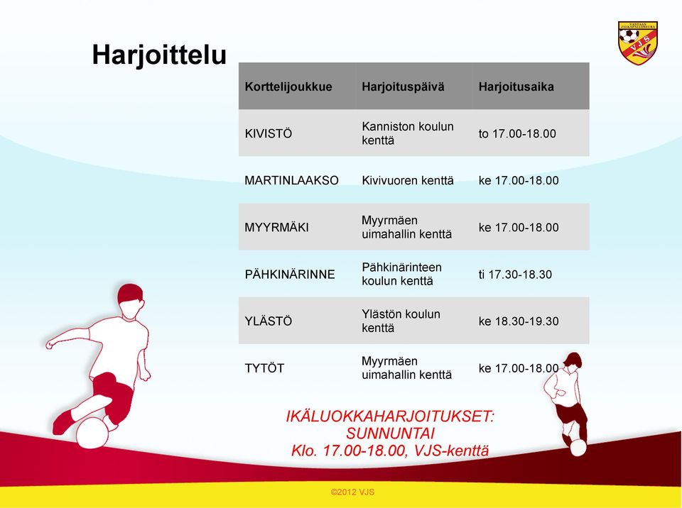 30-18.30 YLÄSTÖ Ylästön koulun kenttä ke 18.30-19.30 TYTÖT Myyrmäen uimahallin kenttä ke 17.00-18.