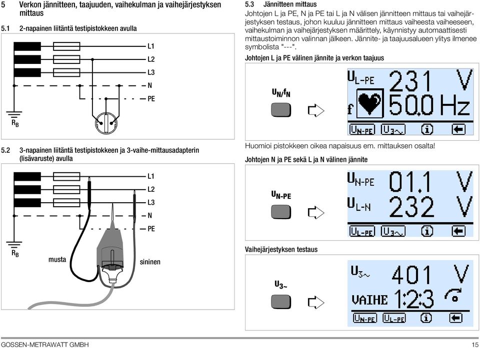 vaihejärjestyksen määrittely, käynnistyy automaattisesti mittaustoiminnon valinnan jälkeen. Jännite- ja taajuusalueen ylitys ilmenee symbolista "---".