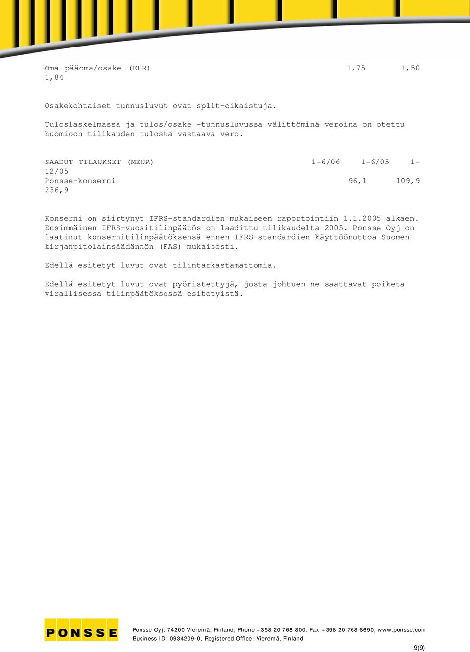 SAADUT TILAUKSET (MEUR) 1-6/06 1-6/05 1-12/05 Ponsse-konserni 96,1 109,9 236,9 Konserni on siirtynyt IFRS-standardien mukaiseen raportointiin 1.1.2005 alkaen.