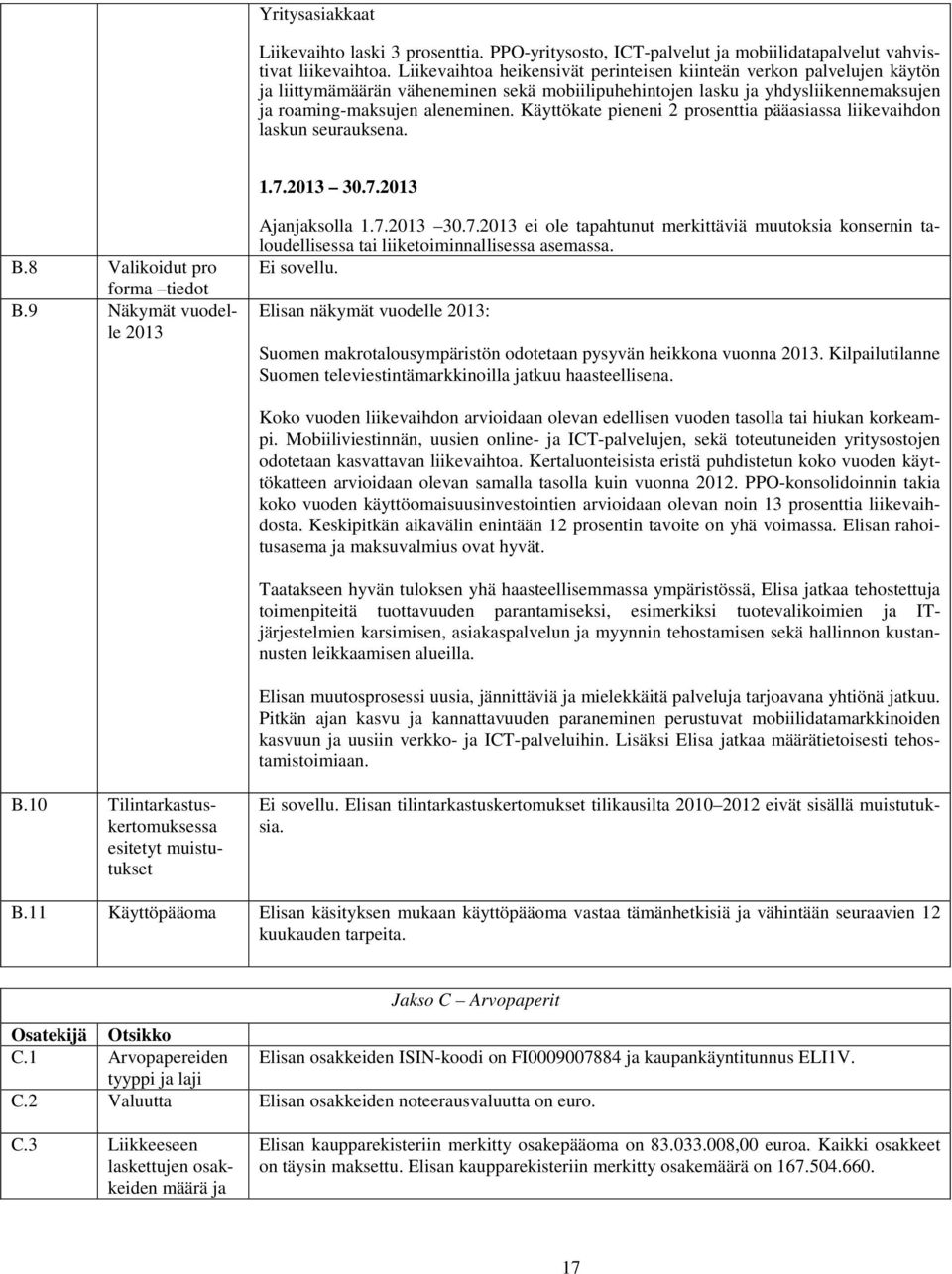 Käyttökate pieneni 2 prosenttia pääasiassa liikevaihdon laskun seurauksena. 1.7.2013 30.7.2013 B.8 Valikoidut pro forma tiedot B.9 Näkymät vuodelle 2013 Ajanjaksolla 1.7.2013 30.7.2013 ei ole tapahtunut merkittäviä muutoksia konsernin taloudellisessa tai liiketoiminnallisessa asemassa.