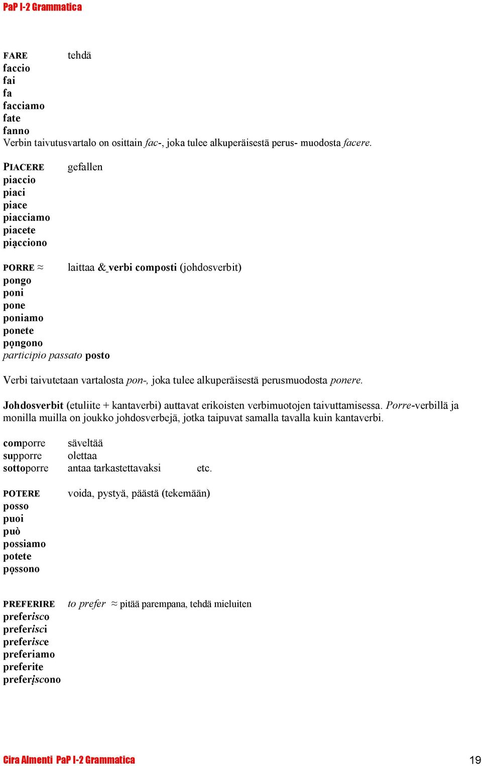 vartalosta pon-, joka tulee alkuperäisestä perusmuodosta ponere. Johdosverbit (etuliite + kantaverbi) auttavat erikoisten verbimuotojen taivuttamisessa.