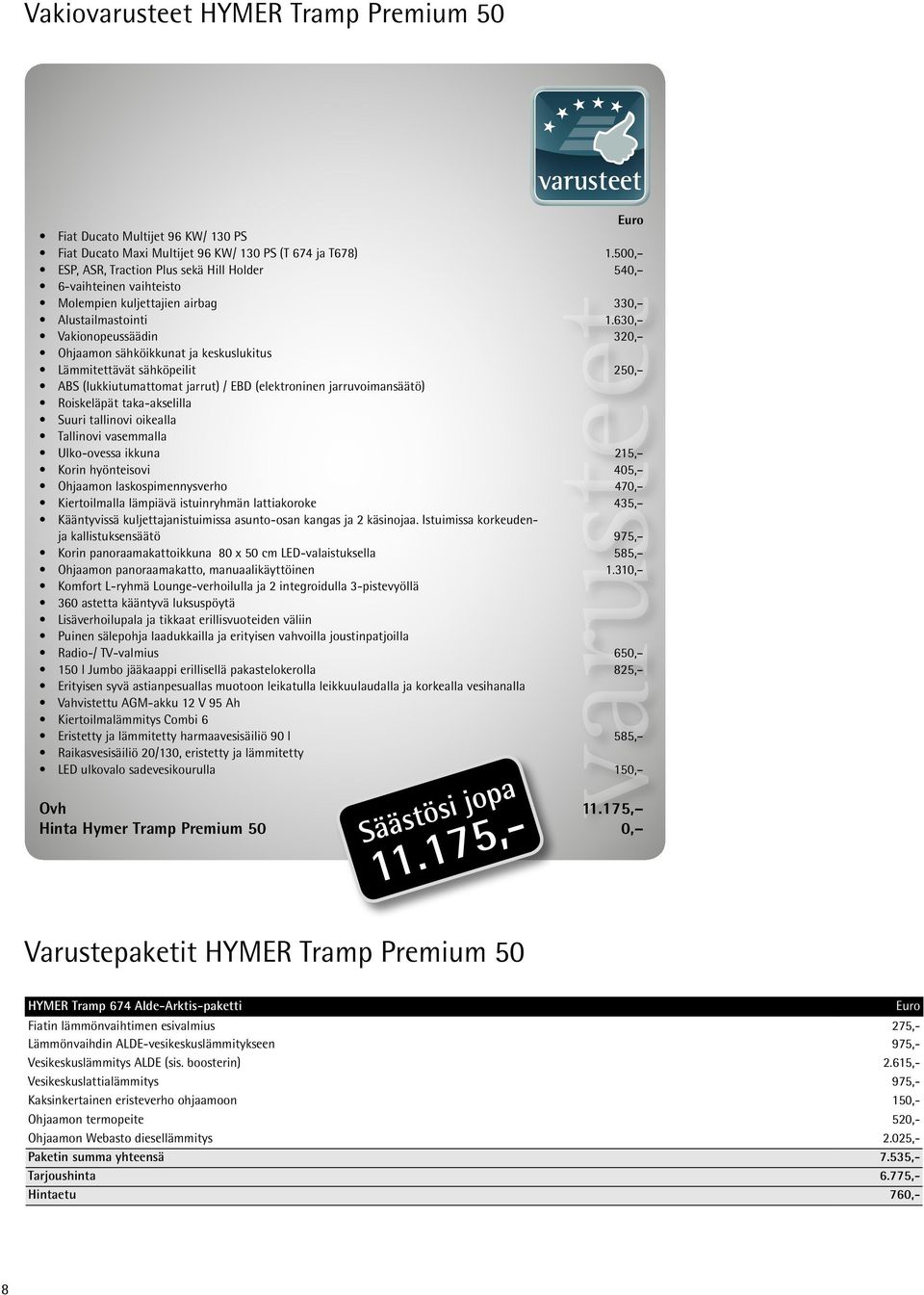 630, Vakionopeussäädin 320, Ohjaamon sähköikkunat ja keskuslukitus Lämmitettävät sähköpeilit 250, ABS (lukkiutumattomat jarrut) / EBD (elektroninen jarruvoimansäätö) Roiskeläpät taka-akselilla Suuri