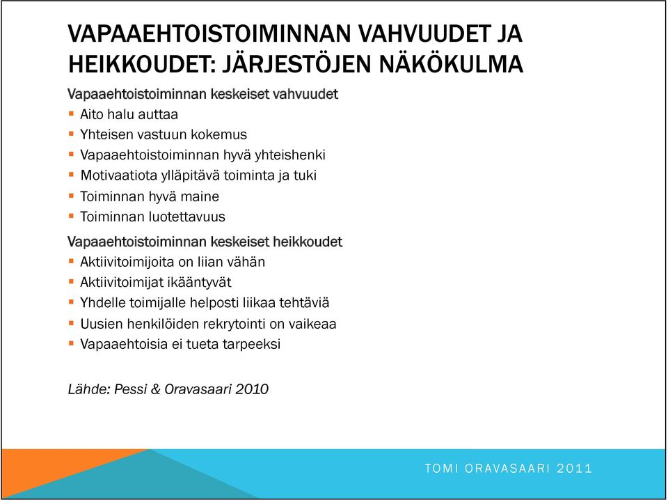 Toiminnan luotettavuus Vapaaehtoistoiminnan keskeiset heikkoudet! Aktiivitoimijoita on liian vähän! Aktiivitoimijat ikääntyvät!