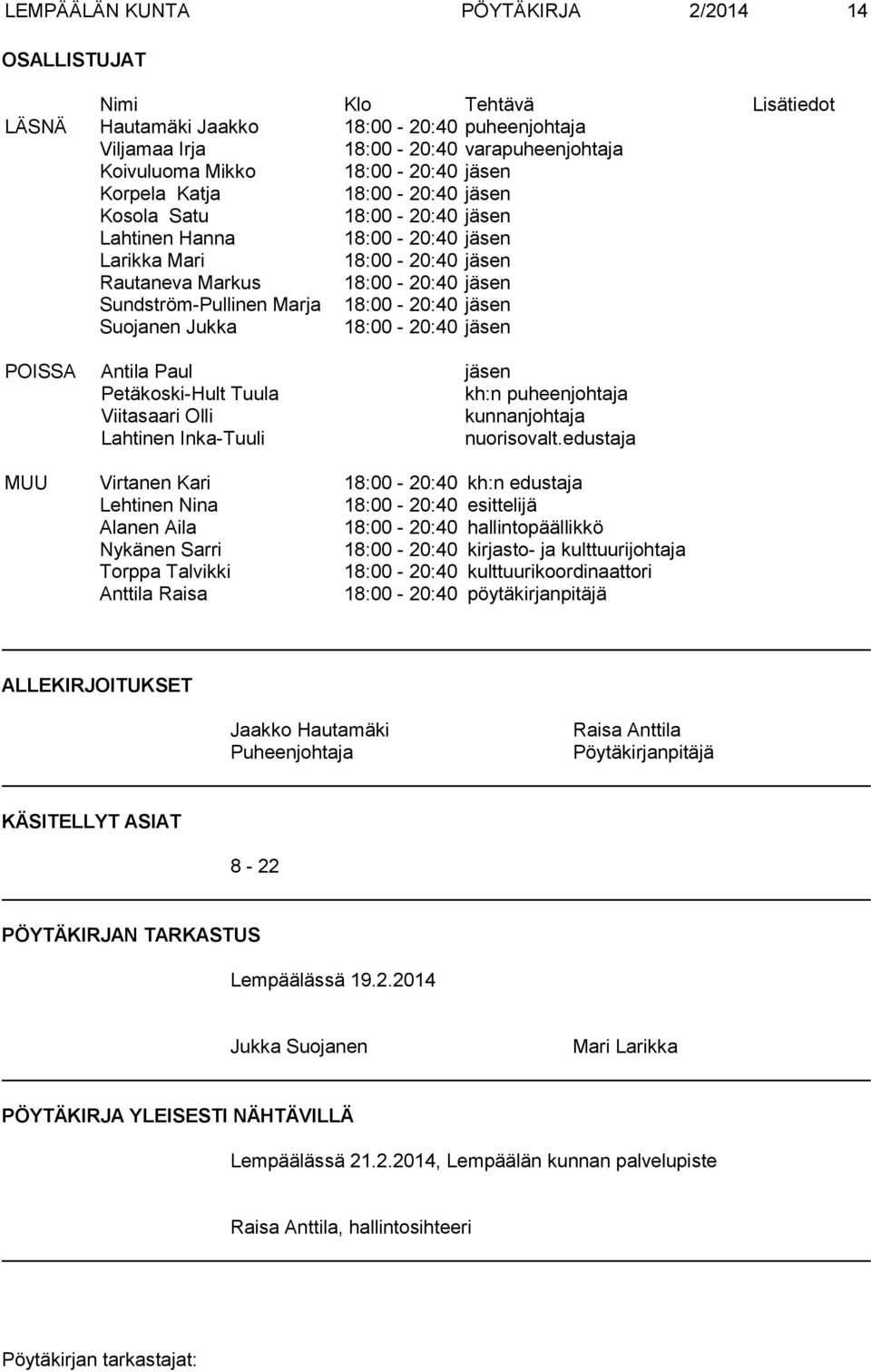 18:00-20:40 jäsen Suojanen Jukka 18:00-20:40 jäsen POISSA Antila Paul jäsen Petäkoski-Hult Tuula kh:n puheenjohtaja Viitasaari Olli kunnanjohtaja Lahtinen Inka-Tuuli nuorisovalt.