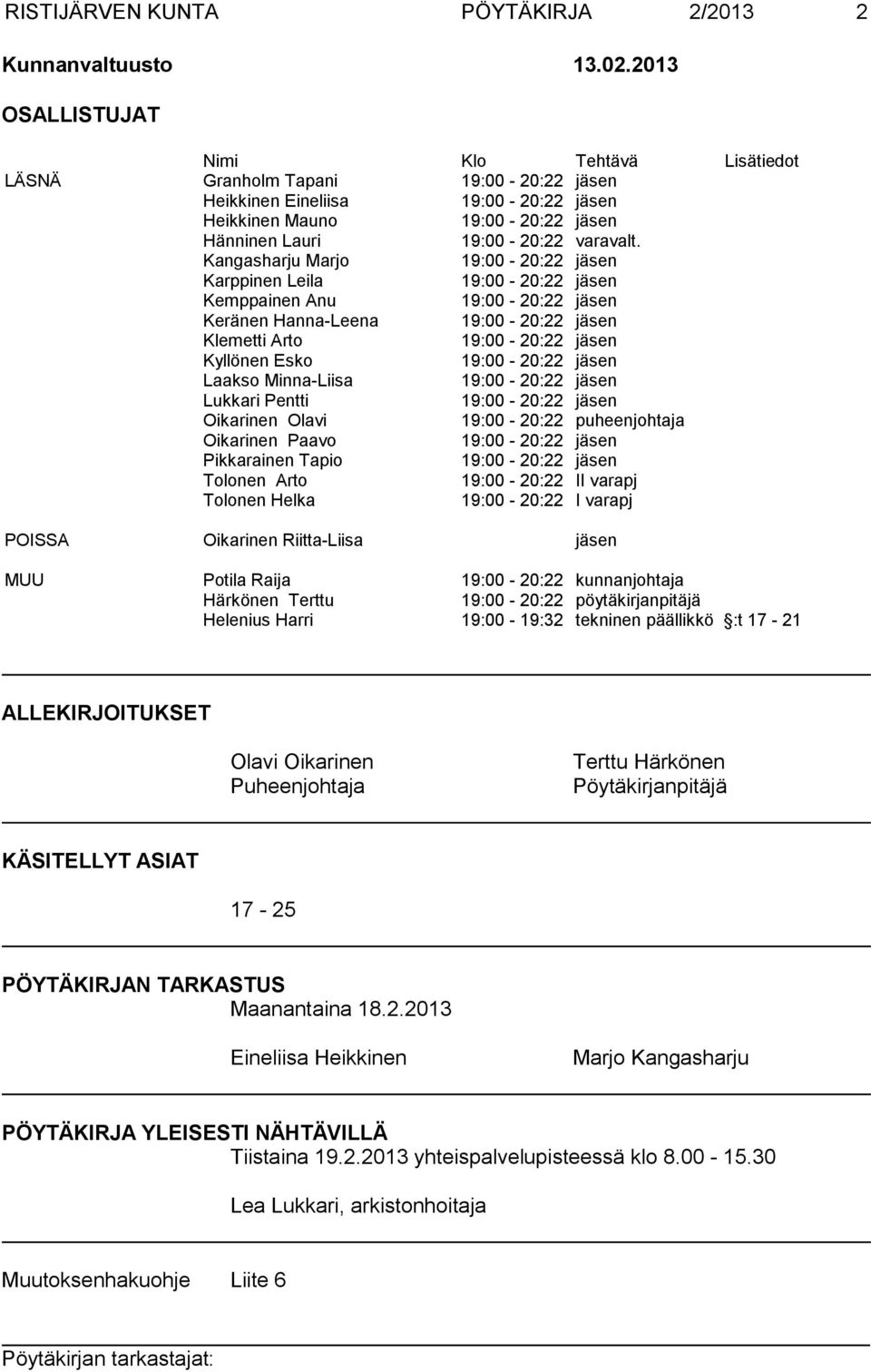 Pikkarainen Tapio Tolonen Arto 19:00-20:22 II varapj Tolonen Helka 19:00-20:22 I varapj POISSA Oikarinen Riitta-Liisa jäsen MUU Potila Raija 19:00-20:22 kunnanjohtaja Härkönen Terttu 19:00-20:22