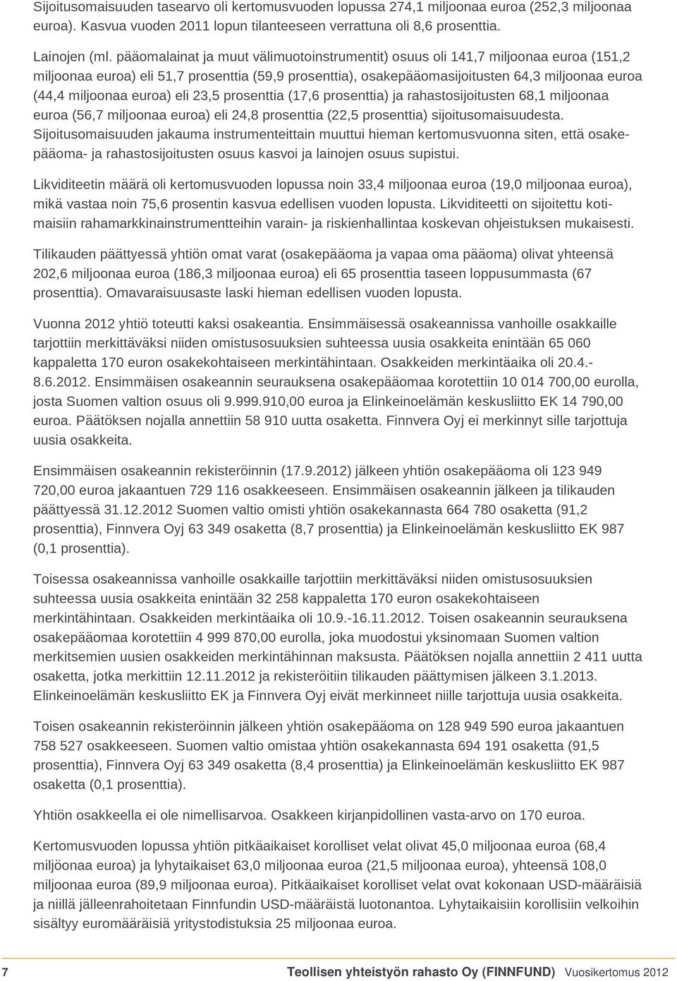 euroa) eli 23,5 prosenttia (17,6 prosenttia) ja rahastosijoitusten 68,1 miljoonaa euroa (56,7 miljoonaa euroa) eli 24,8 prosenttia (22,5 prosenttia) sijoitusomaisuudesta.