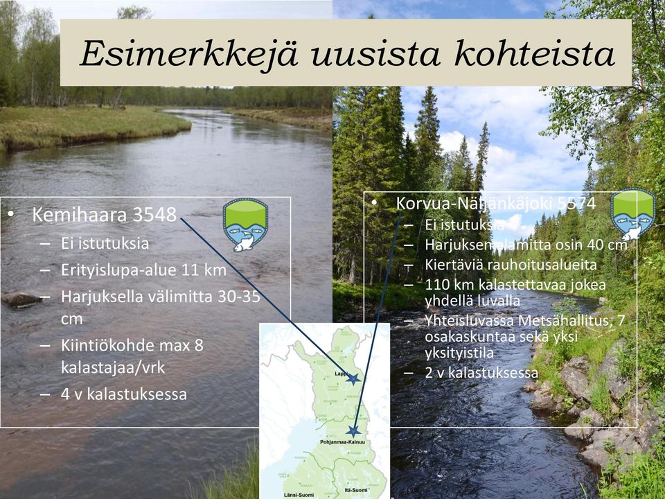 Ei istutuksia Harjuksen alamitta osin 40 cm Kiertäviä rauhoitusalueita 110 km kalastettavaa