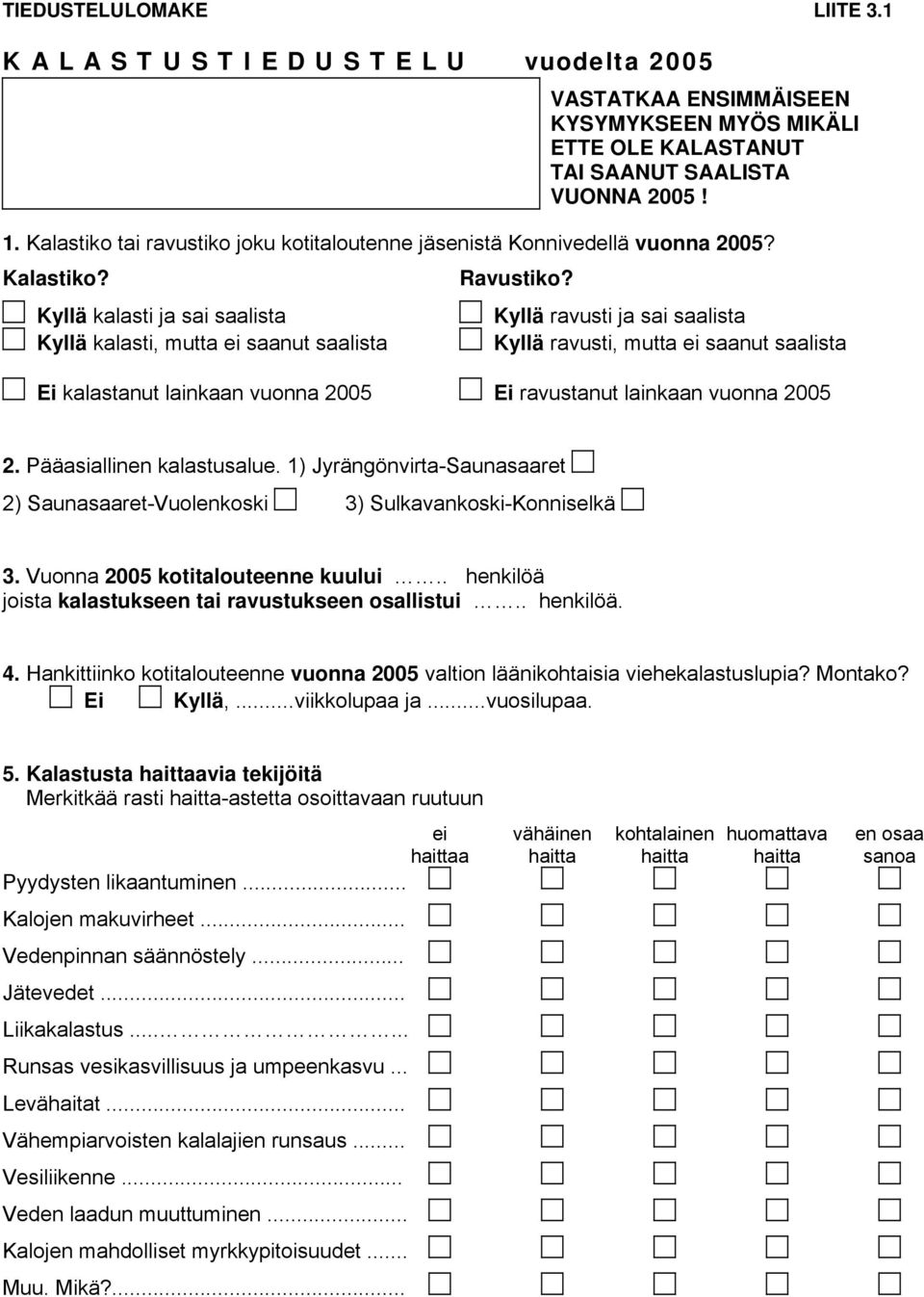 Kyllä kalasti ja sai saalista Kyllä kalasti, mutta ei saanut saalista Kyllä ravusti ja sai saalista Kyllä ravusti, mutta ei saanut saalista Ei kalastanut lainkaan vuonna 2005 Ei ravustanut lainkaan