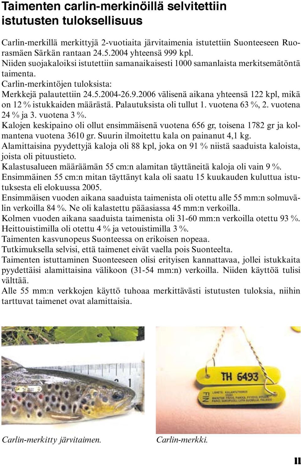 2006 välisenä aikana yhteensä 122 kpl, mikä on 12 % istukkaiden määrästä. Palautuksista oli tullut 1. vuotena 63 %, 2. vuotena 24 % ja 3. vuotena 3 %.