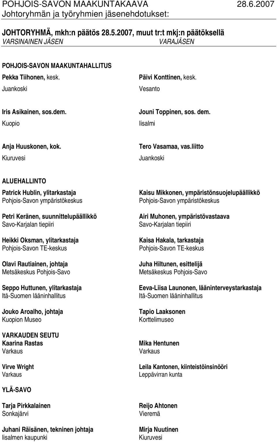 liitto Juankoski ALUEHALLINTO Petri Keränen, suunnittelupäällikkö Savo-Karjalan tiepiiri Heikki Oksman, ylitarkastaja Pohjois-Savon TE-keskus Olavi Rautiainen, johtaja Seppo Huttunen, ylitarkastaja