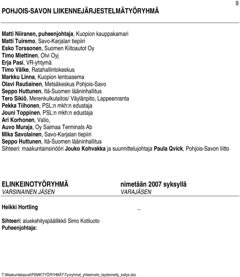 Pekka Tiihonen, PSL:n mkh:n edustaja Jouni Toppinen, PSL:n mkh:n edustaja Ari Korhonen, Valio, Auvo Muraja, Oy Saimaa Terminals Ab Mika Savolainen, Savo-Karjalan tiepiiri Seppo Huttunen, Itä-Suomen