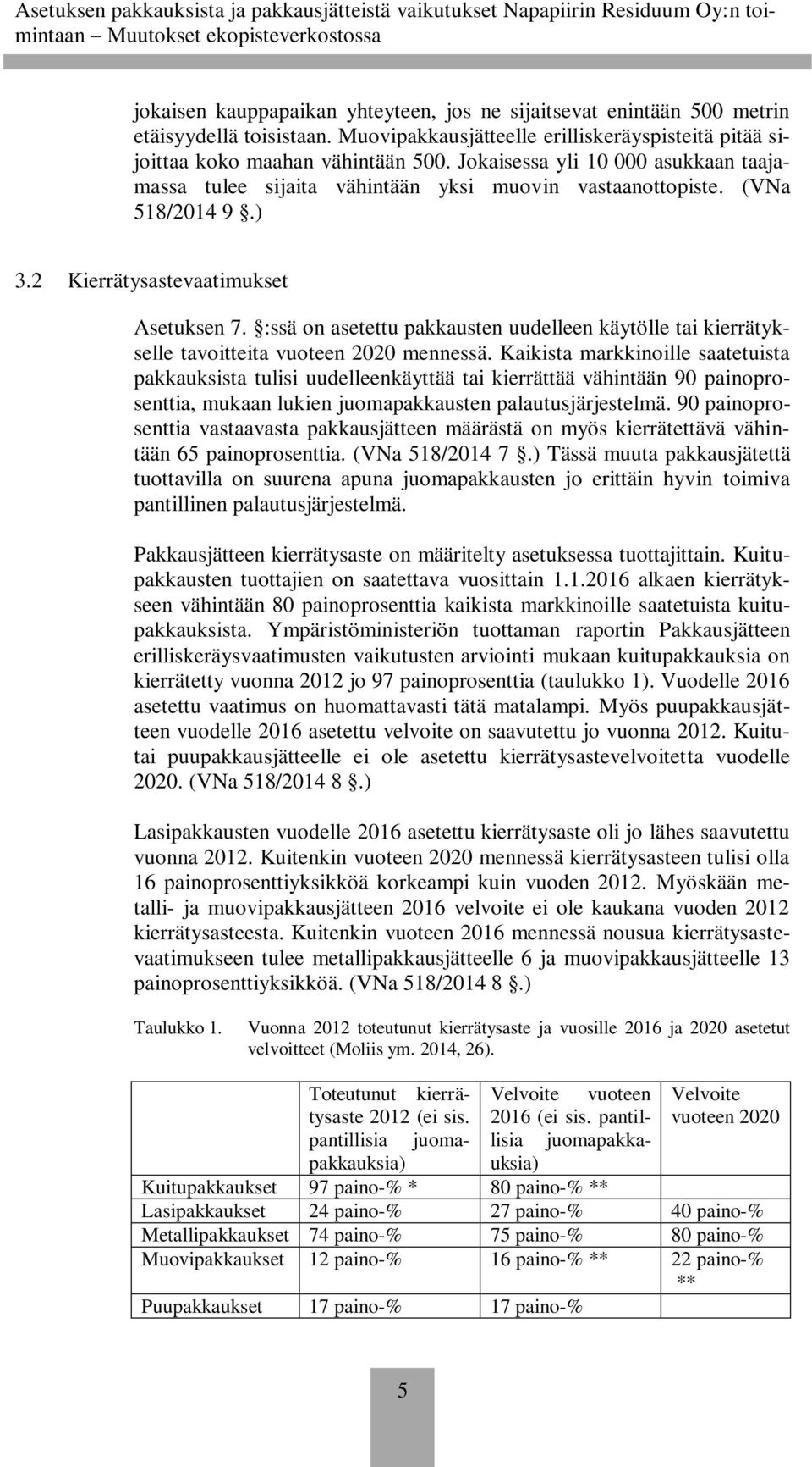 :ssä on asetettu pakkausten uudelleen käytölle tai kierrätykselle tavoitteita vuoteen 2020 mennessä.