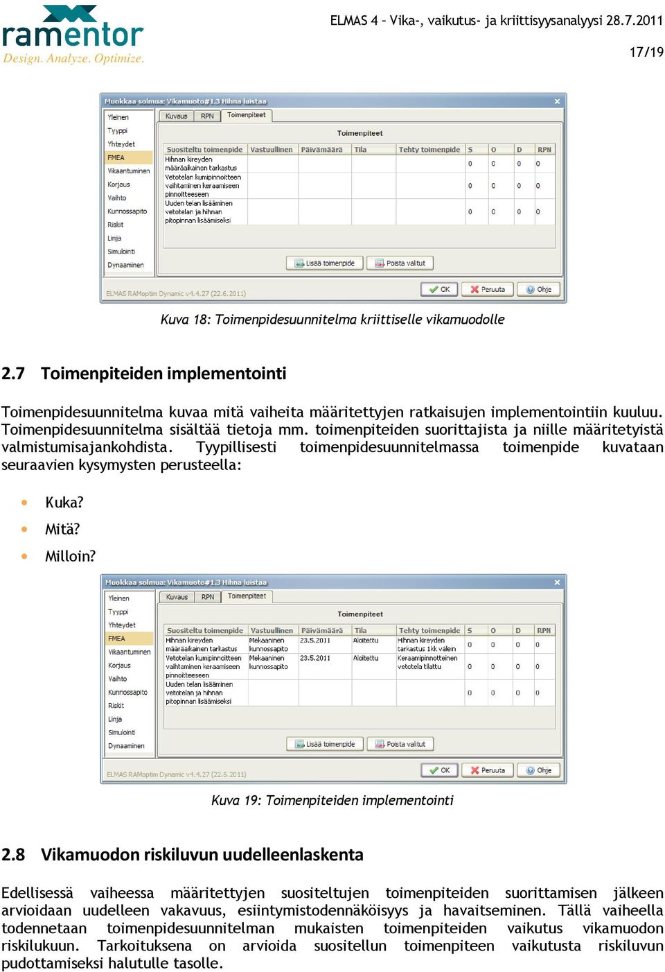 Tyypillisesti toimenpidesuunnitelmassa toimenpide kuvataan seuraavien kysymysten perusteella: Kuka? Mitä? Milloin? Kuva 19: Toimenpiteiden implementointi 2.