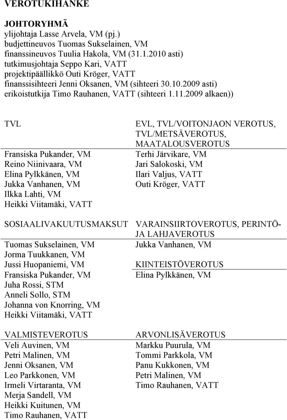 2009 alkaen)) TVL Fransiska Pukander, VM Reino Niinivaara, VM Elina Pylkkänen, VM Jukka Vanhanen, VM Ilkka Lahti, VM Heikki Viitamäki, VATT SOSIAALIVAKUUTUSMAKSUT Tuomas Sukselainen, VM Jorma