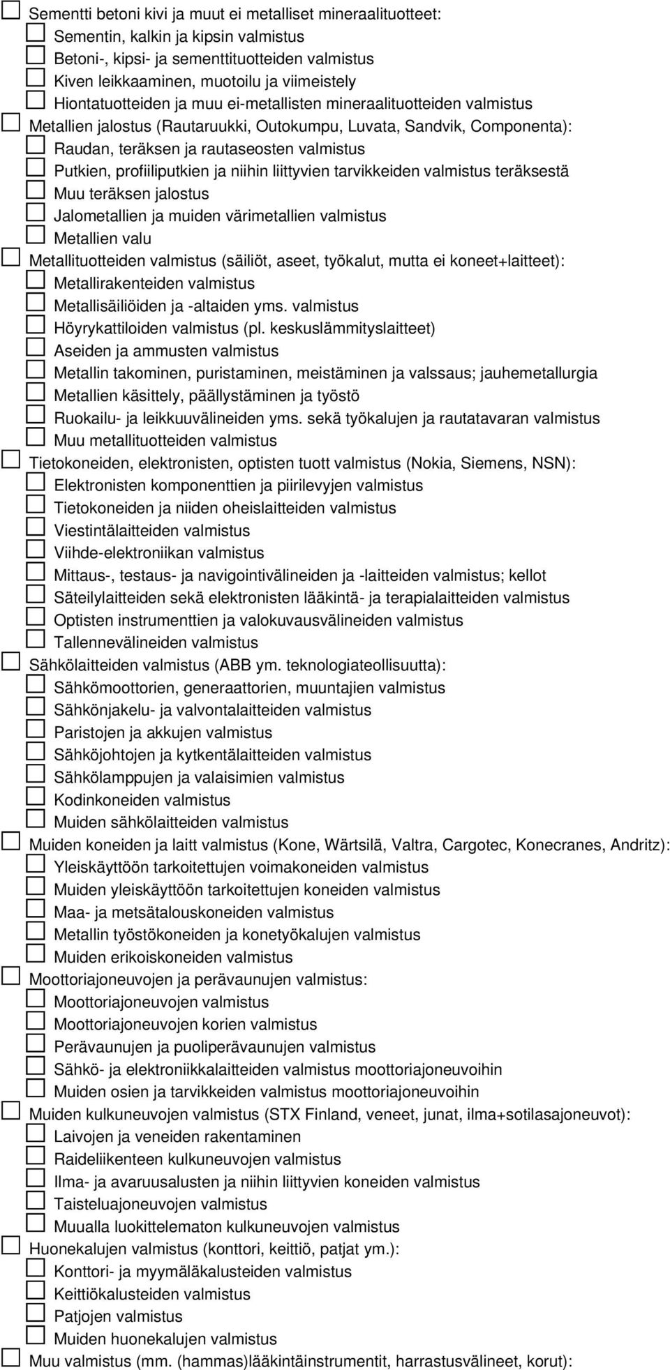 profiiliputkien ja niihin liittyvien tarvikkeiden valmistus teräksestä Muu teräksen jalostus Jalometallien ja muiden värimetallien valmistus Metallien valu Metallituotteiden valmistus (säiliöt,