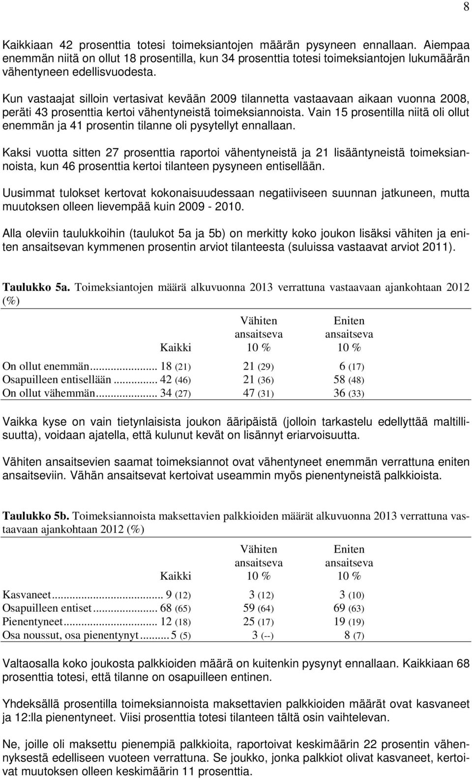 Kun vastaajat silloin vertasivat kevään 2009 tilannetta vastaavaan aikaan vuonna 2008, peräti 43 prosenttia kertoi vähentyneistä toimeksiannoista.