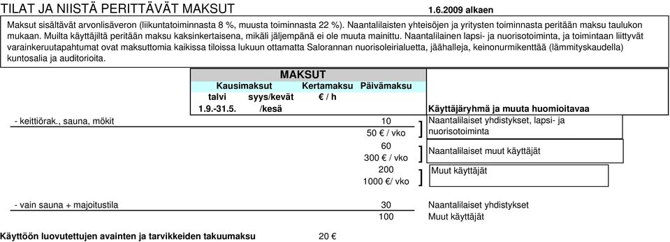 Naantalilainen lapsi- ja nuorisotoiminta, ja toimintaan liittyvät varainkeruutapahtumat ovat maksuttomia kaikissa tiloissa lukuun ottamatta Salorannan nuorisoleirialuetta, jäähalleja,