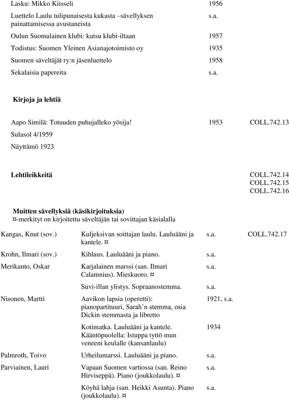 742.15 COLL.742.16 Muitten sävellyksiä (käsikirjoituksia) -merkityt on kirjoitettu säveltäjän tai sovittajan käsialalla Kangas, Knut (sov.) Kuljeksivan soittajan laulu. Lauluääni ja kantele.