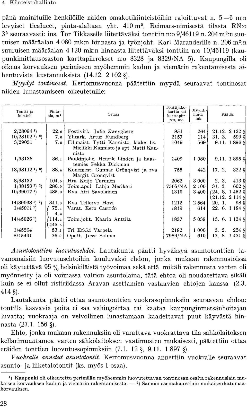 206 m 2 :n suuruisen määräalan 4 120 mk:n hinnasta liitettäväksi tonttiin n:o 10/46119 (kaupunkimittausosaston karttapiirrokset n:o 8328 ja 8329/NA 5).