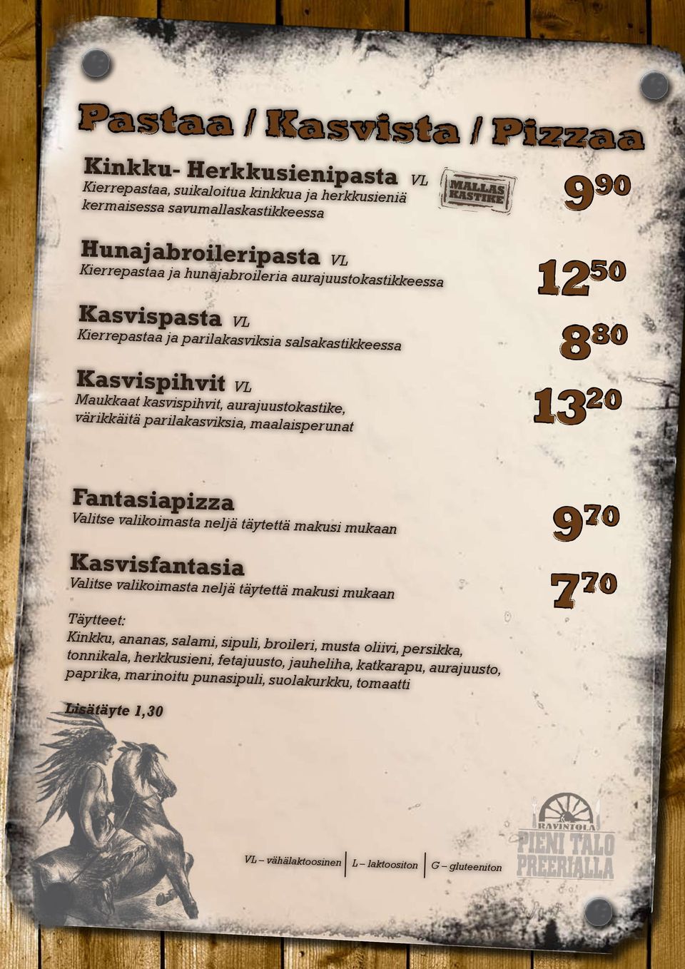 isperunat Fantasiapizza Valitse valikoimasta neljä täytettä Kasvisfantasia Valitse valikoimasta neljä täytettä makusi mukaan makusi mukaan Täytteet: Kinkku, ananas, salami,